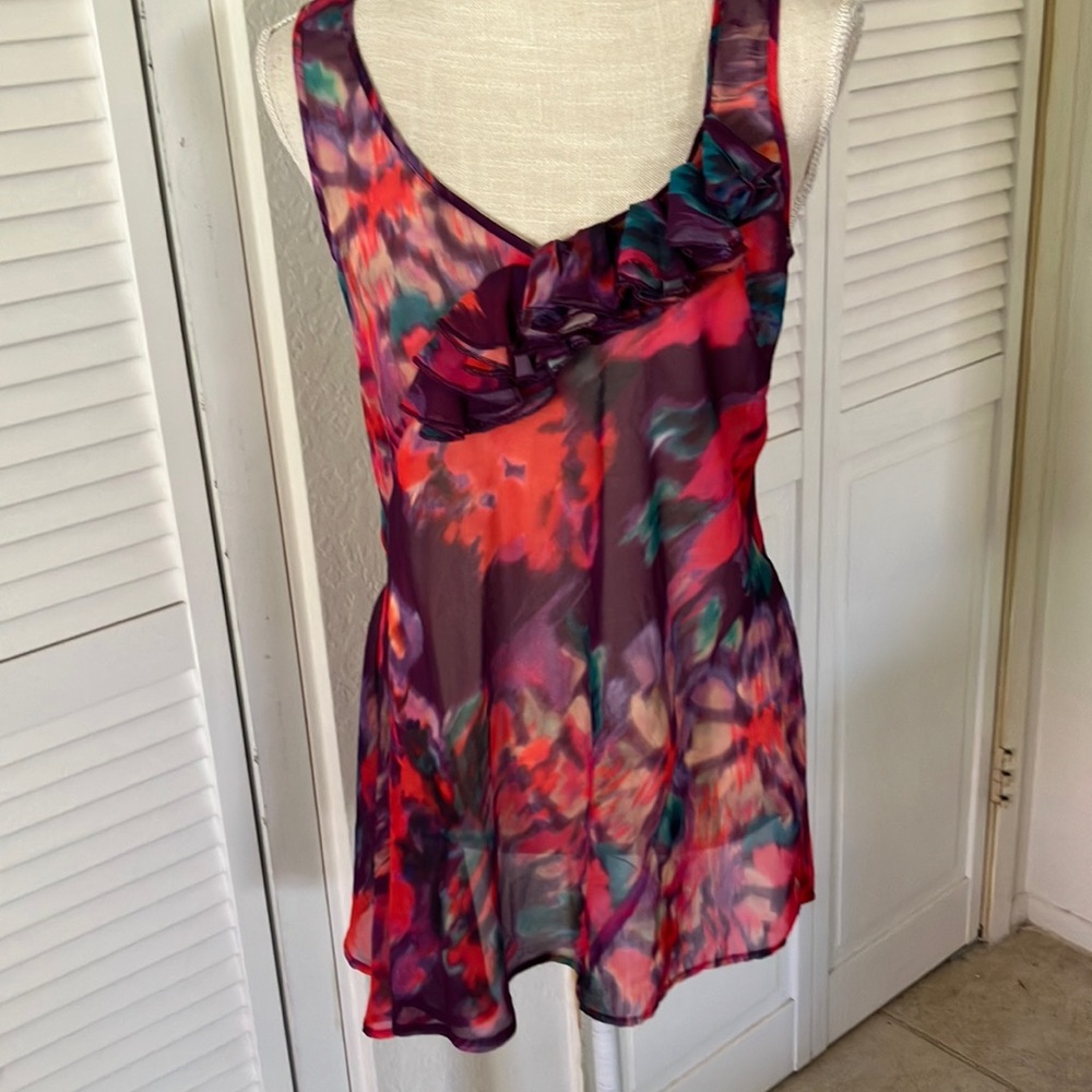 Express Y2K Floral Ruffle Women's Top Purple & Hot Pink, sheer, ruffle detail M